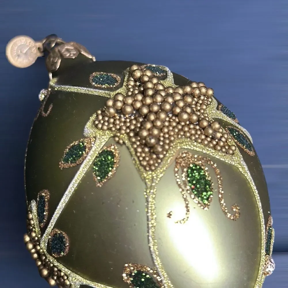 Department 56 Poland Glass Christmas Tree Ornament Olive Green Beaded